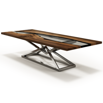 abruzzo walnut dining table, walnut wood dining table, resin dining table, cornered rectangular dining table, polished chrome stainless steel base, ghost white resin, glossy clear resin, chrome, walnut, modern, stylish, versatile, home decor