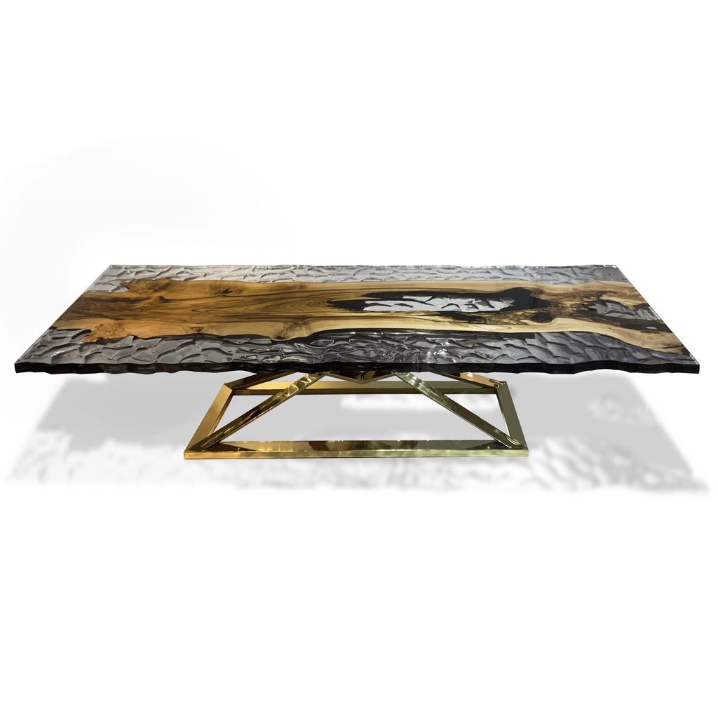  abruzzo walnut wood wavy dining table, walnut wood dining table, resin dining table, cornered rectangular dining table, polished brass (PVD titanium coated) stainless steel base, ghost white resin, glossy clear resin, brass, walnut, wavy, live edge, modern, stylish, versatile, home decor