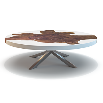 althaia walnut wood round coffee table, walnut wood round coffee table, wood & resin coffee tables, white resin, chrome stainless steel base, modern furniture, home decor, coffee table