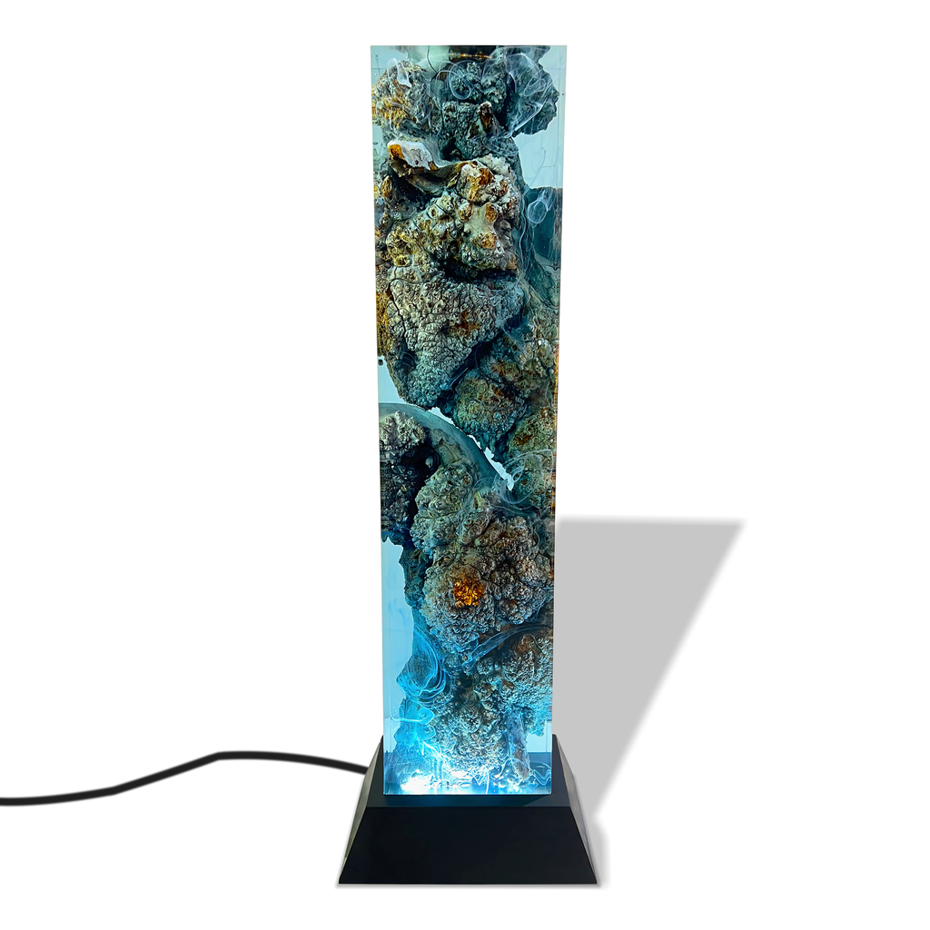 aura ocean tall cube lamp, ocean tall cube lamp, resin lamp, wooden lamp, maya blue lamp, led lamp, modern lamp, ocean-inspired decor, stunning lamp, luxury lamp, tall lamp