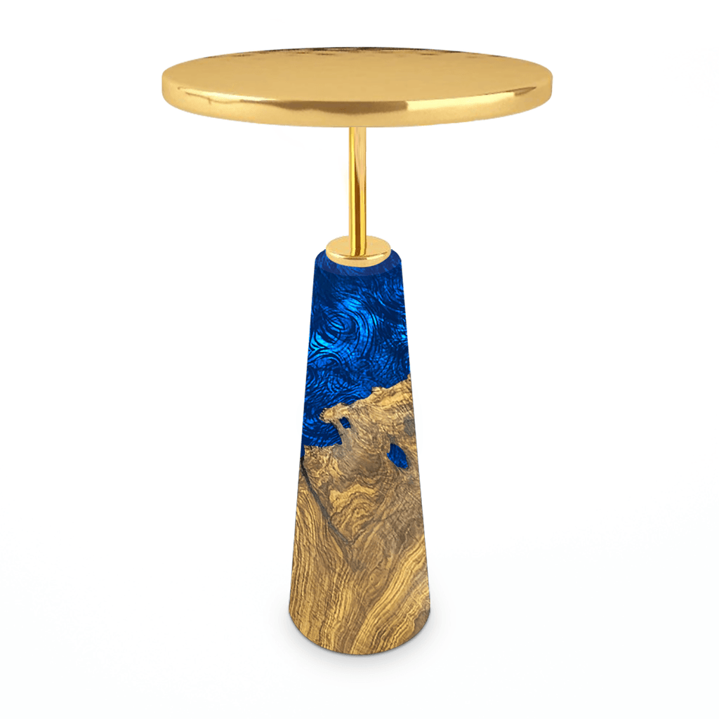 BIA end table, round end table, wood and resin table, brass top table, blue resin table, modern end table, contemporary end table, luxury end table