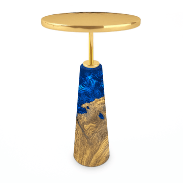 BIA end table, round end table, wood and resin table, brass top table, blue resin table, modern end table, contemporary end table, luxury end table