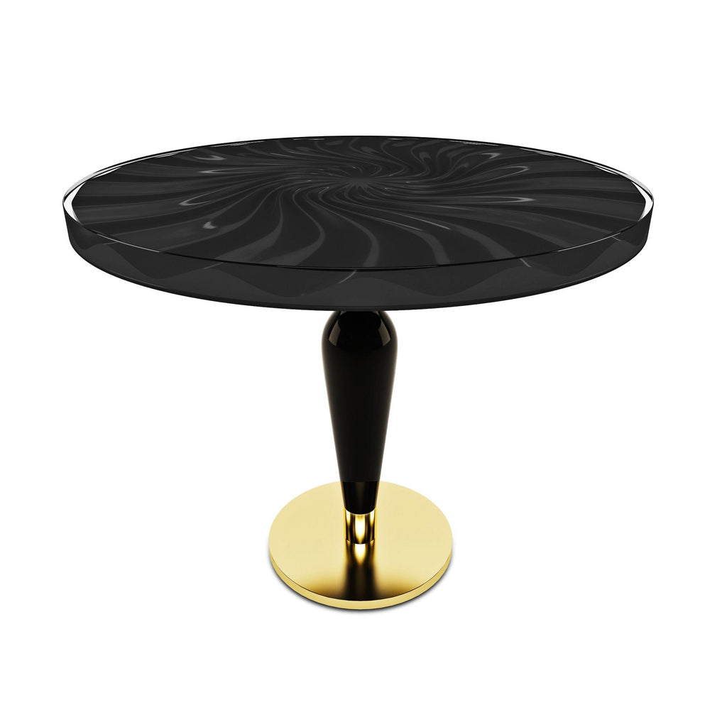 black ballerina dining table, round dining table, wavy dining table, resin dining table, ghost white resin dining table, polished brass dining table, glossy dining table, modern dining table, sophisticated dining table