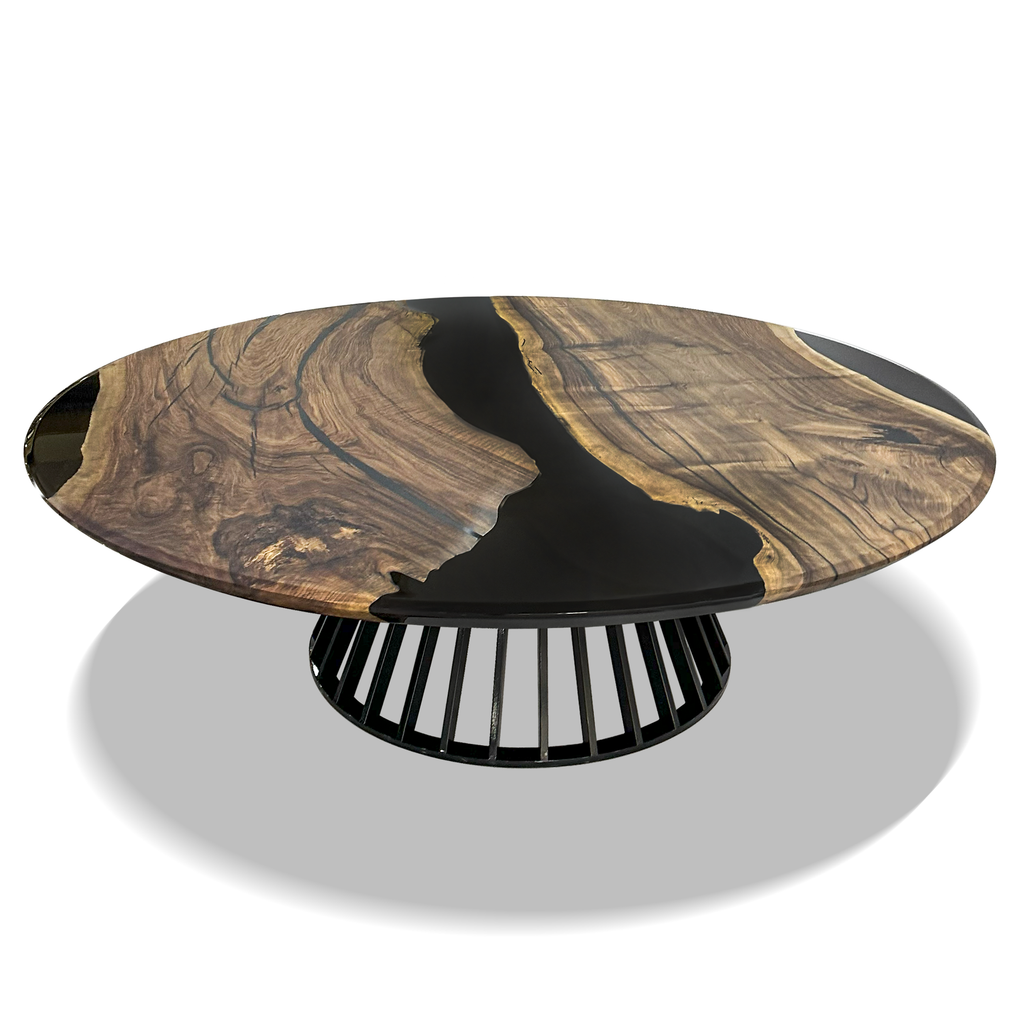 black river amiata walnut wood round dining table, modern dining table, contemporary dining table, jet black resin dining table, walnut dining table, steel dining table, polished dining table