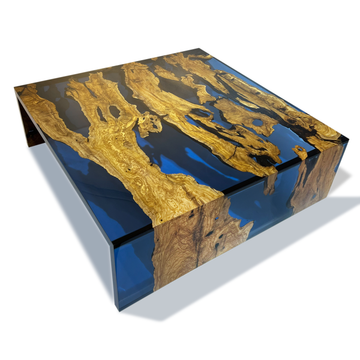 blue waterfall olive coffee table, modern coffee table, contemporary coffee table, cobalt blue resin coffee table, olive wood coffee table, waterfall coffee table, eased edge coffee table, square coffee table