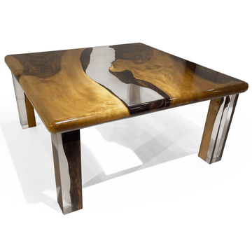 camene walnut wood square coffee table, modern coffee table, contemporary coffee table, walnut wood coffee table, resin coffee table, ghost white coffee table, luxury coffee table