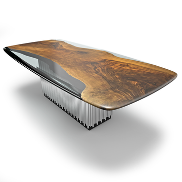 camenta walnut wood dining table, modern dining table, contemporary dining table, walnut wood dining table, resin dining table, ghost white dining table, luxury dining table