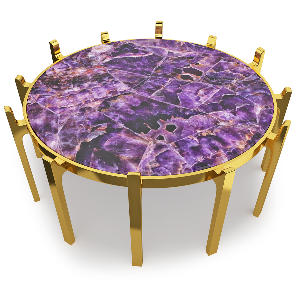 crown coffee table, modern coffee table, amethyst stone coffee table, polished stainless steel coffee table, brass coffee table, PVD titanium coated coffee table