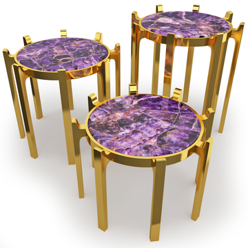 crown triple end tables, modern end tables, amethyst stone end tables, polished stainless steel end tables, brass end tables, PVD titanium coated end tables, set of 3 end tables