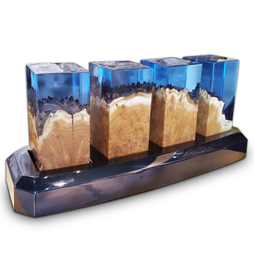 deep ocean cubes with base, modern cubes, ocean-themed cubes, resin cubes, black lacquered wood base, cobalt blue resin