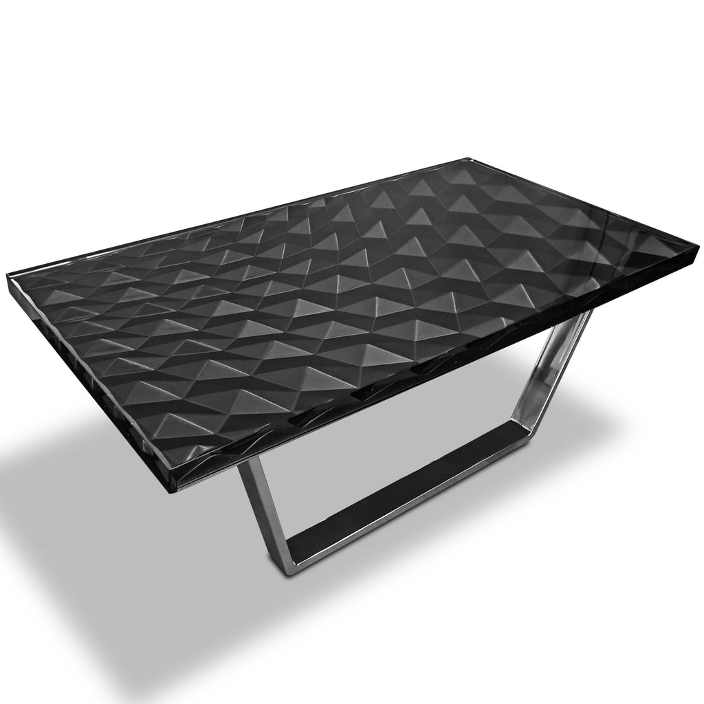 diamond black coffee table, modern coffee table, black coffee table, diamond pattern, resin coffee table, chrome base, polished stainless steel