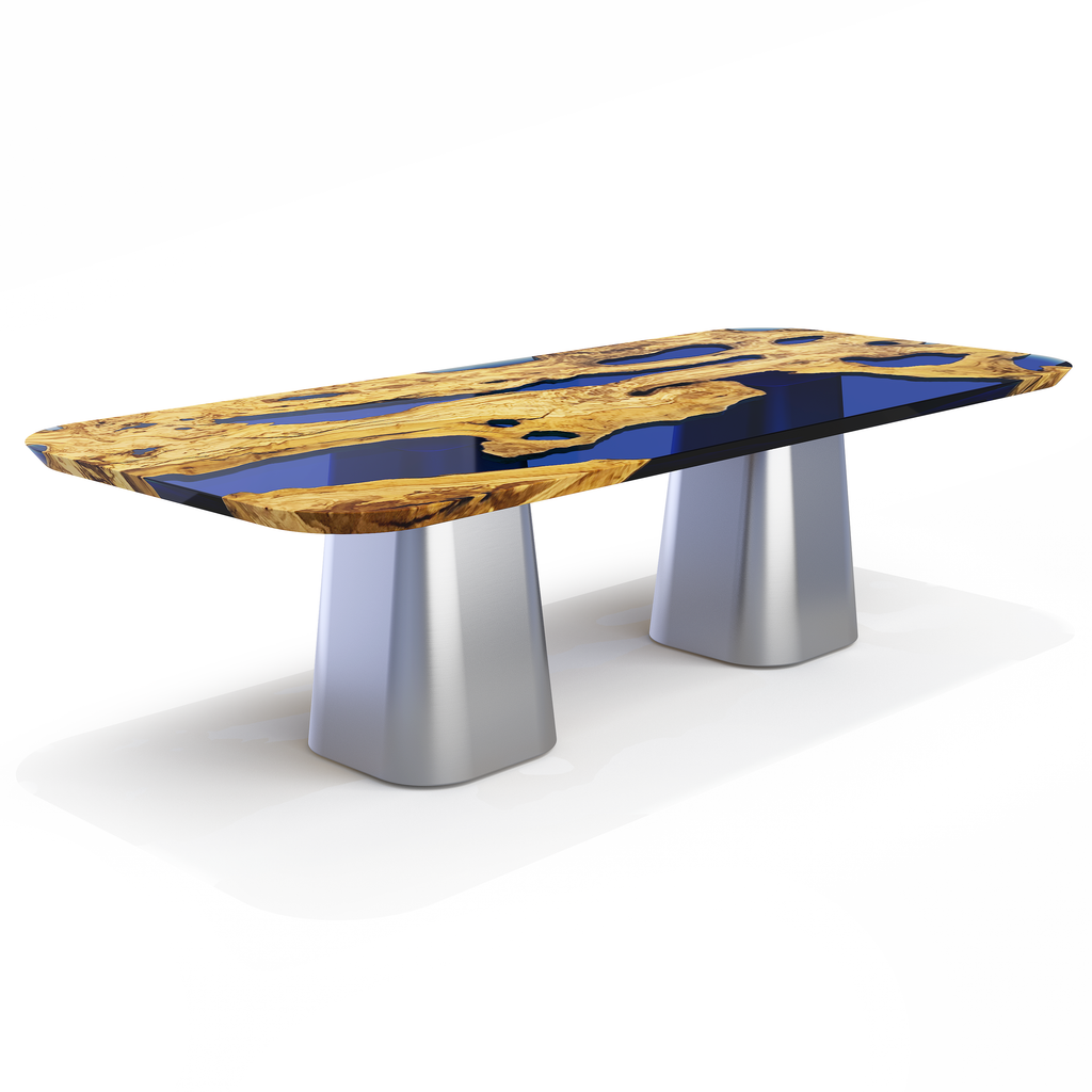 dryope olive wood dining table, cobalt blue resin dining table, olive wood dining table, modern dining table, dining table with resin, dining table with cobalt blue resin