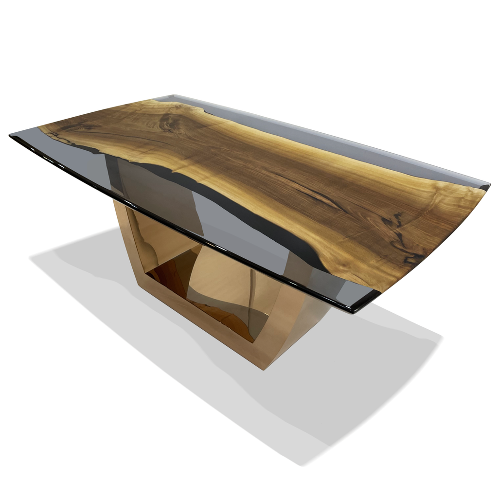 walnut wood dining table, corner squoval dining table, flat dining table, reverse beveled edge dining table, natural walnut dining table, transparent dining table, timberwolf dining table, glossy dining table, stainless steel dining table, polished dining table, bronze dining table