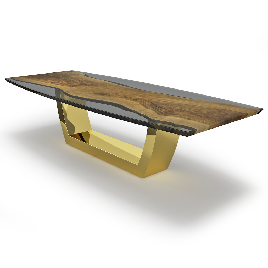 walnut wood dining table, corner squoval dining table, flat dining table, reverse beveled edge dining table, natural dining table, transparent dining table, timberwolf dining table, glossy dining table, stainless steel dining table, polished dining table, brass dining table