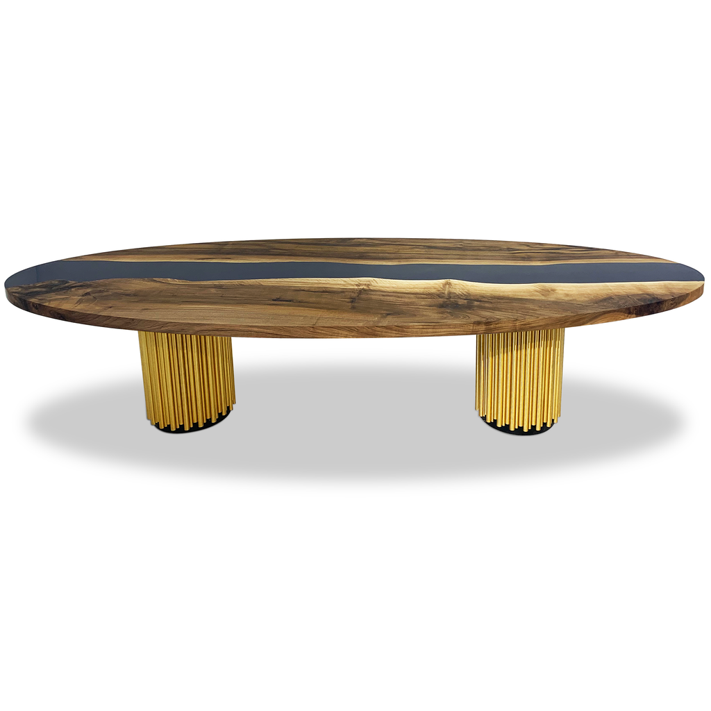 walnut wood dining table, ellipse dining table, blue river dining table, resin dining table, navy blue dining table, brass dining table, stainless steel dining table