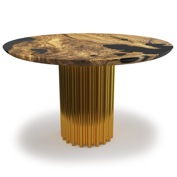 hagno olive wood round dining table, olive wood dining table, resin dining table, round dining table, dining room furniture, modern dining table, contemporary dining table, olive wood, jet black, glossy finish, stainless steel, brass
