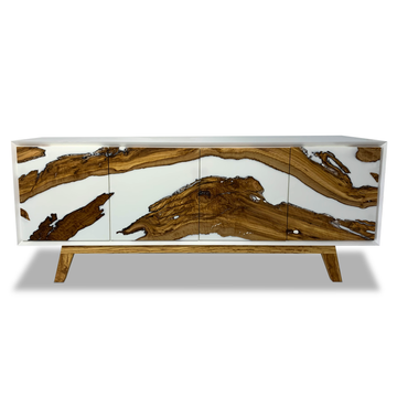 lampetia olive wood credenza, olive wood credenza, ghost white resin credenza, white lacquered credenza, natural olive wood credenza, luxury credenza, modern credenza, contemporary credenza
