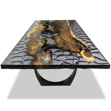 marpessa hackberry wood dining table, hackberry wood dining table, cornered rectangular table, battleship gray resin table, black powder coated steel table, modern dining table, elegant dining table, contemporary dining table, hackberry wood, battleship gray, sleek, modern