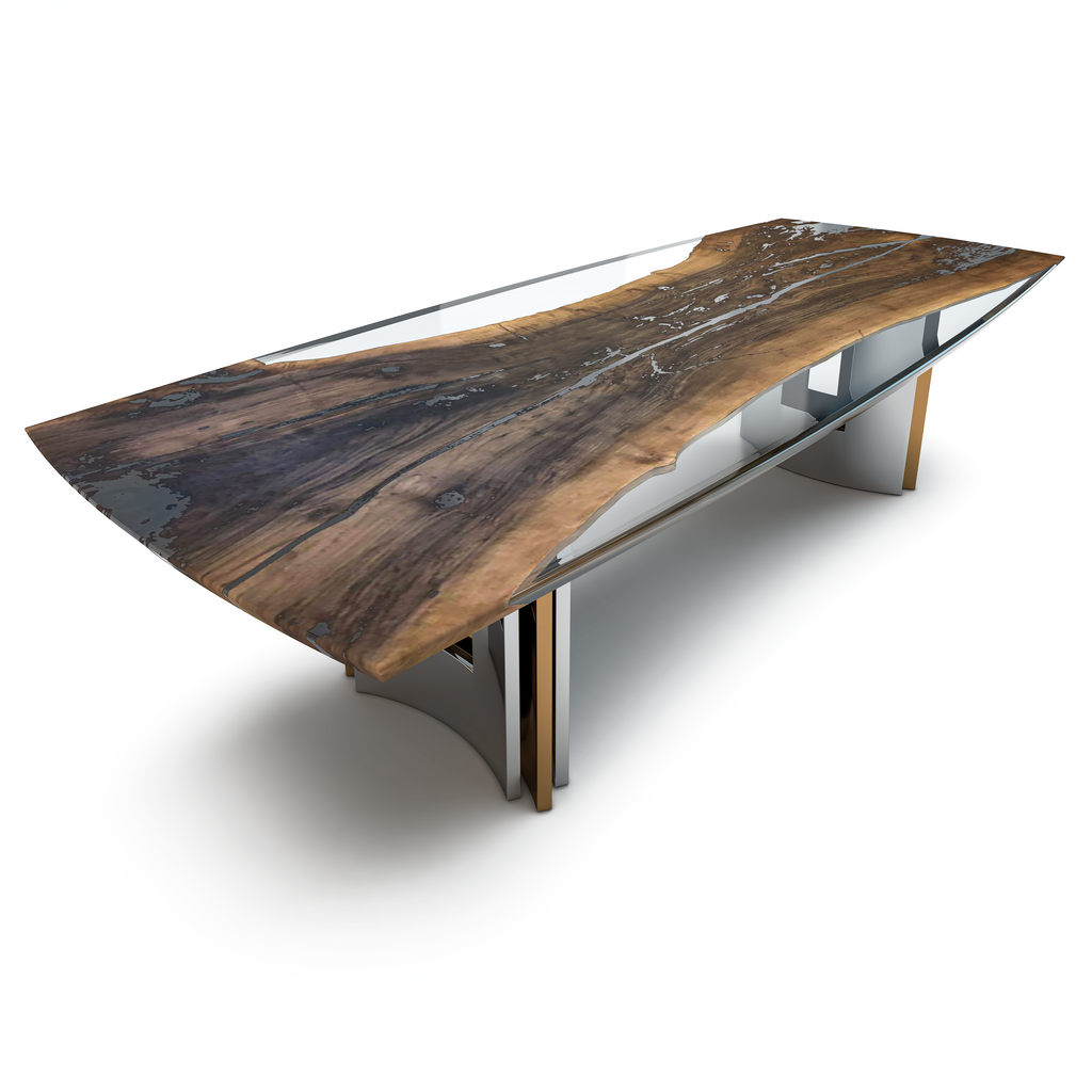 Meliades Walnut Wood Dining Table, dining table, walnut wood, resin, modern furniture, unique design, ghost white, chrome, bronze