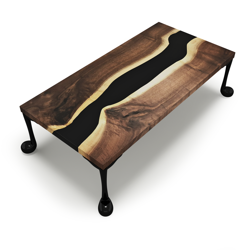 Melody Walnut Wood River Coffee Table, coffee table, walnut wood, resin, modern furniture, jet black, glossy, steel