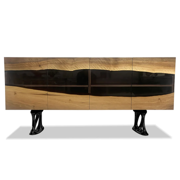 Milon Walnut Credenza, credenza, walnut wood, resin, luxury furniture, timeless design, natural, timberwolf, aluminum, polished