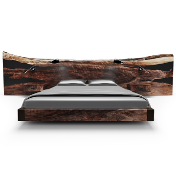 natural king size walnut bed, live edge header, jet black resin, walnut wood, natural stain, leather corners, modern bedroom