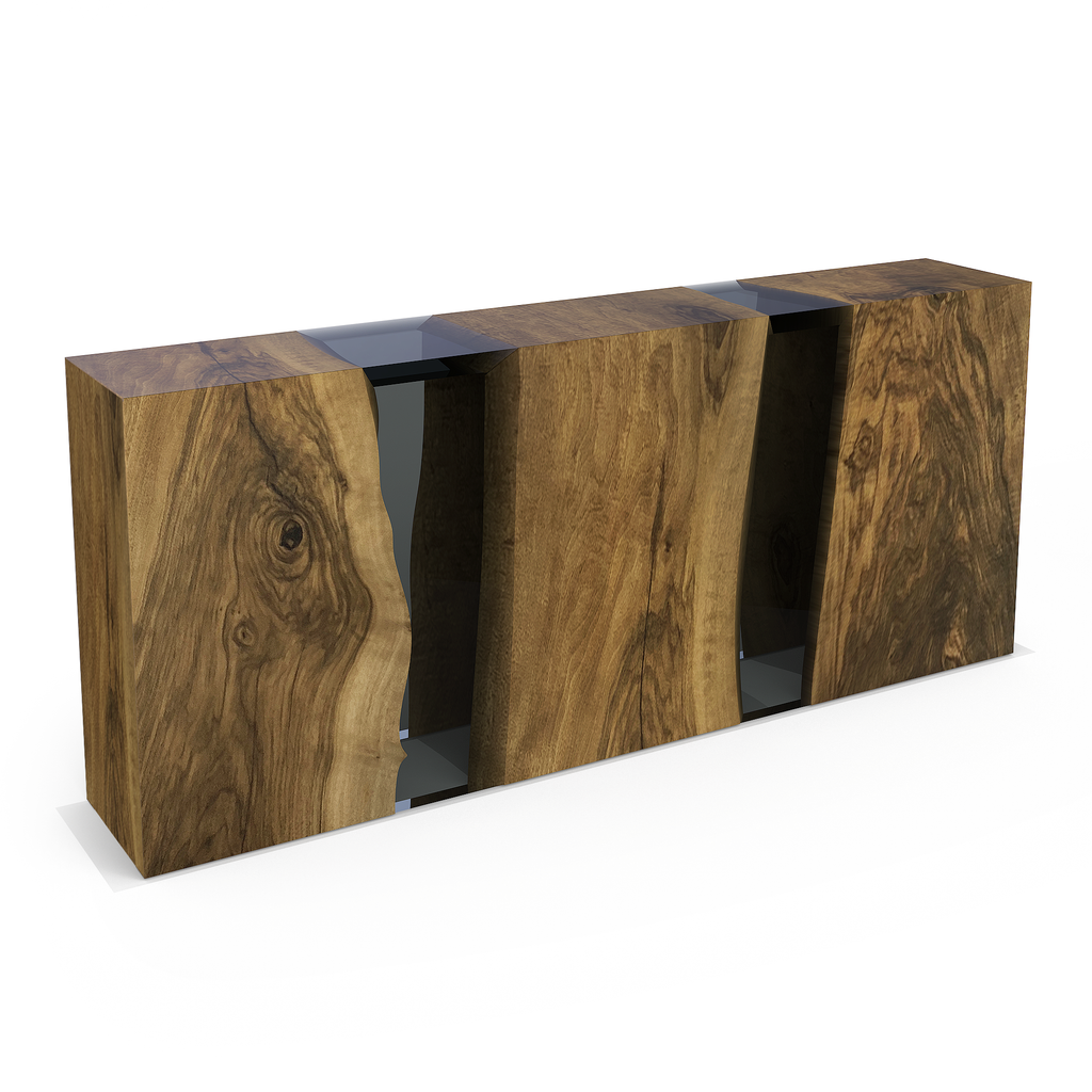 Niagara Waterfall Walnut Wood Console, modern console table, waterfall-style top, walnut wood, transparent resin, natural walnut stain, flat bottom surface, eased edge