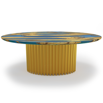 okeanos olive wood dining table, maya blue resin, solid olive wood, reverse waterfall edge, natural oil finish, stainless steel base, brass PVD titanium finish