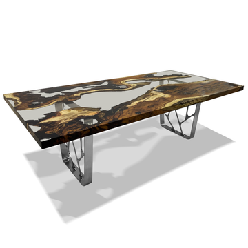 Ombrone Hackberry Wood River Dining Table, hackberry wood, resin dining table, corner rectangular dining table, flat bottom surface, eased edge, natural wood finish, transparent resin, ghost white resin, glossy resin finish, polished stainless steel base, chrome base color