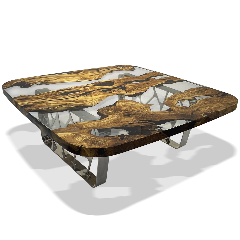 ombrone olive wood coffee table, squoval square coffee table, solid olive wood coffee table, transparent resin coffee table, ghost white coffee table, polished stainless steel coffee table, modern coffee table, contemporary coffee table, luxury coffee table, unique coffee table