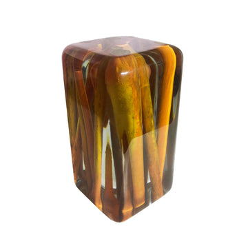 orange branches cube, wood resin art, square prism, rounded edges, orange branches, transparent resin, glossy finish, ghost white resin