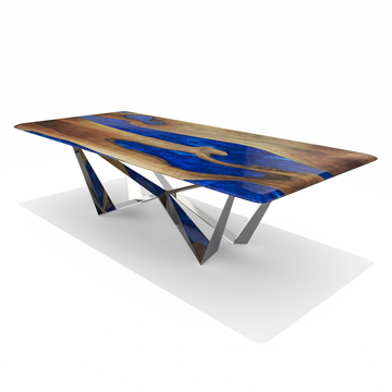 pearl blue, danube walnut dining table, modern dining table, walnut dining table, pearlescent resin top, cobalt blue, stainless steel base, polished chrome finish