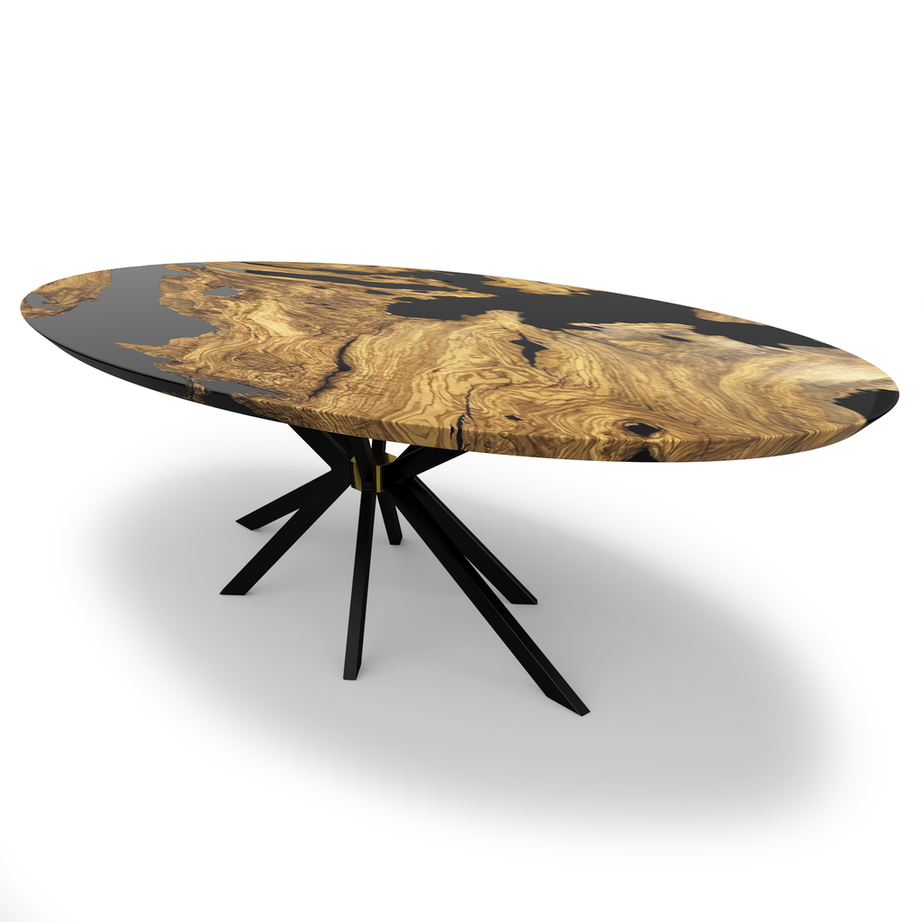 salus olive wood ellipse dining table, olive wood table, resin table, jet black resin, brass base, contemporary dining table, luxury dining table, home decor