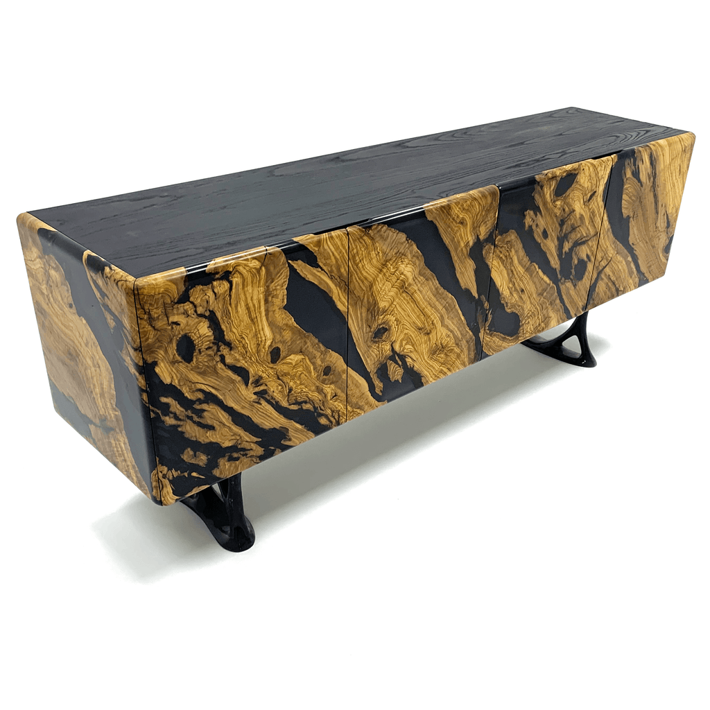 thalia olive wood credenza, olive wood credenza, resin credenza, jet black resin, glossy resin finish, oiled natural wood top, black top, aluminum base, powder coated base, contemporary credenza, luxury credenza
