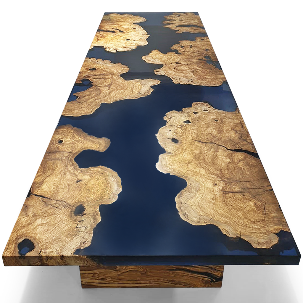 thyria olive wood dining table, olive wood dining table, resin dining table, navy blue resin, glossy resin finish, natural wood top, eased edge, olive wood, contemporary dining table, luxury dining table