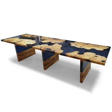 thyria olive wood dining table, olive wood dining table, resin dining table, navy blue resin, glossy resin finish, natural wood top, eased edge, olive wood, contemporary dining table, luxury dining table