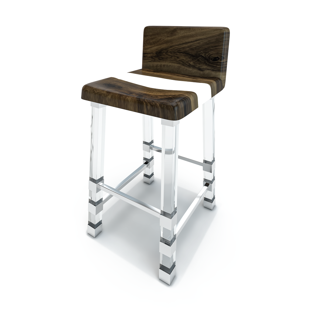 white rhytia walnut wood counter stool (with back), counter stool, modern counter stool, white counter stool, walnut wood counter stool, resin counter stool, acrylic counter stool, chrome counter stool
